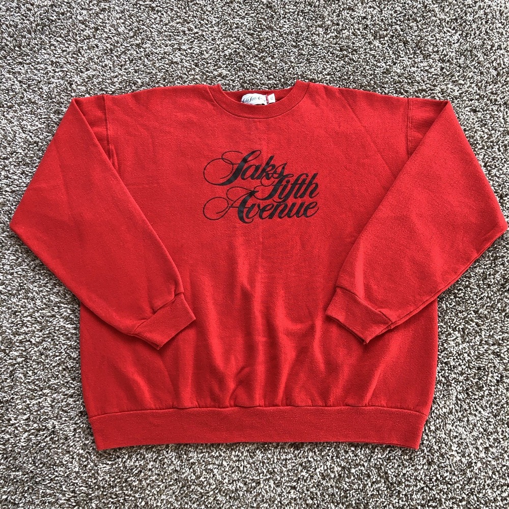 Vintage 80s 90s Saks Fifth Avenue Pullover Sweatshirt Size XL Red Logo Sweater